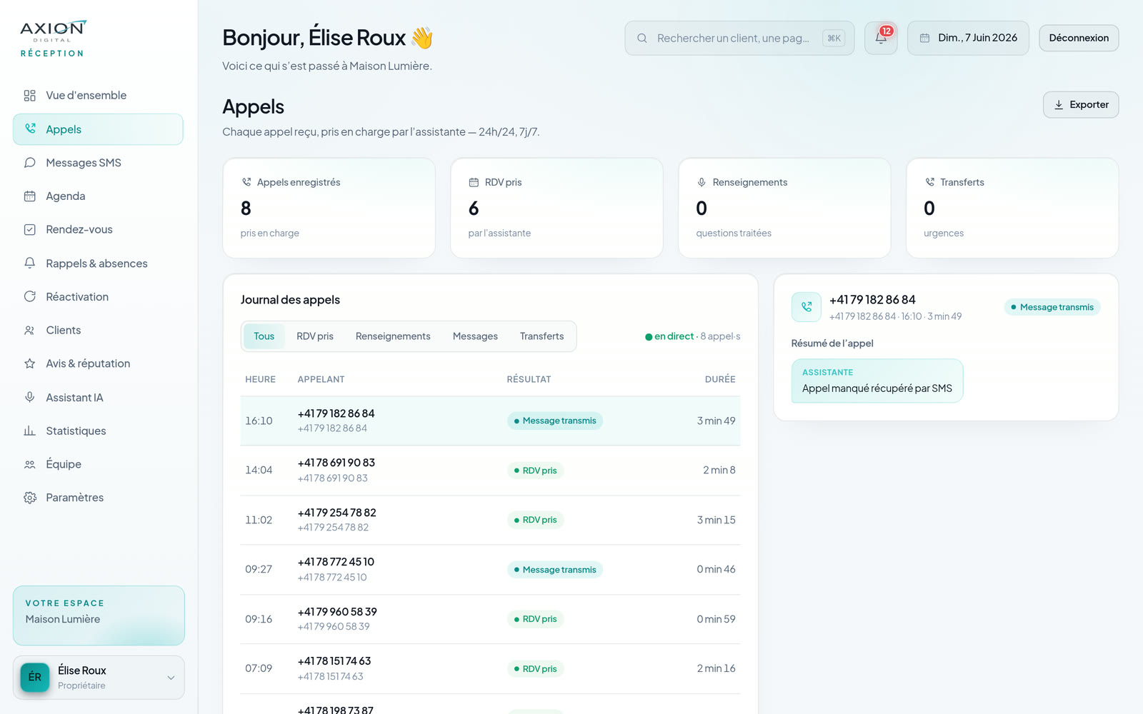 Tableau de bord — appels