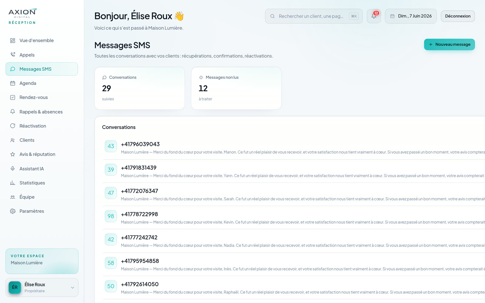 Tableau de bord — messages